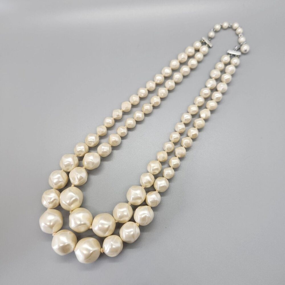 VTG Chunky Pearl Tone Double Strand Necklace Graduated Beads Hand Strung Japan
